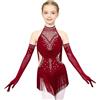 YiZYiF Abito da Ballo Latino per Ragazze con 1 Paio di Guanti a Rete Body da Danza Classica Moderna Vestito Pattinaggio Artistico Costume da Danza Borgogna 13-14 Anni
