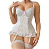 BEINF Completo Intimo Donna Set di Lingerie Donna Sexy Floreale Pizzo Body con Giarrettiera V Neck Bow Front Babydoll Underwire con Calze 3 Pezzi Bianco S