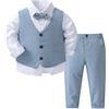 Freebily Smoking Abiti Bambino Neonato 4 PCS Completo Elegante da Matrimoni Cerimonia Battesimo Sposa per Bambini Camicia a Maniche Lunghe con Papillon Gilet e Pantaloni Lunghi Azzurro 2-3 Anni