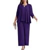 Hanna Nikole Elegante Plus Size Donna 3 Pezzi Set Canotta Chiffon Cardigan Pantaloni Outfit für Hochzeit Business Anzug Damen Set Vintage Mode Anzug Viola Scuro 52 Plus