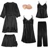 QraraZL Donna 5 Pezzi Set Pigiama in Raso, Set Pigiama Vestaglia in Pizzo, Pantaloncini Sexy Negligee e Pantaloni Lunghi Camicia da Notte 5 Pezzi, con Protezioni per Il Petto Nero L