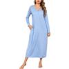 Leversic Camicia da Notte Donna Manica Lunga Camice da Notte Cotone Vestito da Notte Invernale con Tasche Pigiama Tinta Unita Azzurro M