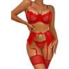Aranmei Lingerie Sexy da Donna 4 Pezzi Set Esotico Strappy Lingerie con Reggicalze in Pizzo con Ferretto Reggiseno e Slip Set