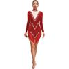 Aislor Donne Abito da Pattinaggio Artistico con Nappa Paillettes Leotard Manica Lunga Body Danza Classica con Orlo di Frange Abito da Ballo Latino Americano Borgogna XXL