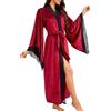 Generic Vestaglia Donna Lunga Velluto Morbido Girocollo Pizzo Blocchi Colore Cintura Elegante Casual
