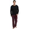 GLOBAL Pigiama Uomo Flanella Cotone Lungo Pigiami Pezzi Girocollo Invernale Abbigliamento da Notte Traspirante Confortevole e Caldo T-Shirt Nero, Pantaloni Griglia Rossi Neri M