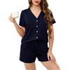 Wikoan Set Pigiama da Donna Pigiama Estivo con Scollo a V e Bottoni Top Cardigan e Pantaloncini,Blu Navy,XL