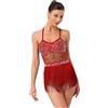 MSemis Vestito da Balletto Ballo Latino Americano Tango Donna con Nappe Frange Abito da Pattinaggio Artistico Strass Vestito Danza Samba Rumba Salsa Costume da Competizione Borgogna M