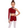 Freebily Tuta da Ginnastica Artistica Bambina 3 Pezzi Completi da Ballo di Strada Crop Top Danza Moderna Jazz Monospalla + Pantaloncini Sportivi + Fascia per Capelli Borgogna 9-10 anni