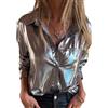 CupitiDU Camicie da donna con bottoni metallici lucidi, elegante e casual, a maniche lunghe, scintillanti, alla moda, per autunno e primavera, in raso di seta (argento, XL)