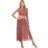 dPois Abito da Ballo Latino Americano Donna Vestito da Balletto Ballo Lirico Contemporaneo Abito da Pattinaggio Artistico a Rete Trasparente Costumi di Danza Moderna Marrone M