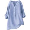 Generico Maglietta Cotone Lino Donna Tinte Unite Scollo a V Manica Lunga - Moda Donna Adatto per La Primavera E L'Estate, Camicia Affascinante Casual Maglia Vintage Semplice Azzurro M