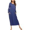 Sykooria Camicia da Notte Manica Lunga Donna a V Camice da Notte in Cotone Lungo Camicia da Notte Invernale con Tasche,Pigiama Comodo Ampio Tinta Unita Abbigliamentoda Casa a_Blu Navy XXL