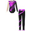 Riismen Ragazza Tuta da Ginnastica Ballo Strass Body Manica Lunga Pattinaggio Artistico Costume Metallizzato Body Danza e Leggings Outfits da Latino Ballet Viola 13-14 anni