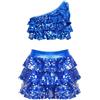 Freebily Vestito da Ballo Bambina Latino Americano Monospalla Abito da Ballo Tango Paillettes Crop Top Canotta + Gonna di Danza Classica Culottes Vestito da Pattinaggio Jazz Blu Reale 5-6 Anni