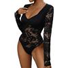 Everbellus Body Sexy a Maniche Lunghe da Donna, Elegante Body in Pizzo con Scollo a V Profondo, Bodysuit Camicetta Tops Data Serata Clubwear Nero Large