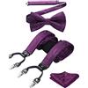 HISDERN Bretelle da Uomo Viola Paisley Eleganti Regolabile 6 Clips di e Forma a Y Elastica Bretelle Papillon e Fazzoletto da Taschino Set da Uomo