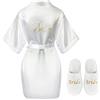 BBTO Vestaglia e Ciabatte da Sposa | Accappatoio in Raso Bianco Corto, Pantofole per Matrimonio Nozze Donna