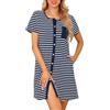Lovasy Camicia da Notte in Cotone Donna Camicia da Notte Manica Corta a Righe Scollo a V Sexy Sottoveste Curvy con Bottoni Davanti Abito da Notte Estiva con Tasche A Blu Scuro S