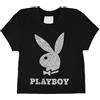 Playboy Babydoll da donna in morbido cotone misto con stampa di strass finti o glitter, taglie S-XL, Coniglietto nero con strass sintetici, Large Pantaloncini