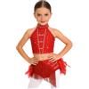 renvena Vestito da Ballo Latino Americano Bambina Strass Crop Top Danza Classica Moterna Canotta e Gonna con Piume Abito da Ballo Lirico Contemporaneo Rosso 5-6 Anni