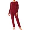 Wayleb Homewear Donna Invernale in Velluto, Completo Due Pezzi Caldo con Maglia Spalla Scesa Girocollo con Tasche e Pantaloni, Vino Rosso -A, L