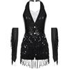 Oyolan - Vestito da donna per danza latina con guanti, costume da danza moderna, jazz, con paillette e frange, body, per carnevale, anno 20, Nero , S