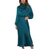 LIAOPUFUS Donna Abito Lungo in Satin Increspato Maniche Lunghe Vestiit Vita in Stile Sciolto Autunno Nuovo Elegante Vestito Cocktail da Donna e Ragazze (Lake Blue,L)