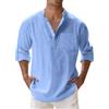 Generico camicia uomo cotone, Camicia Lino Uomo - Maniche Lunghe Regolabili con Polsini, Collo Coreano e Mezza Apertura con Bottoni, Taschino sul Petto, Vestibilità Loose Fit per Estate, Blu XXL