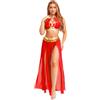 TiaoBug Costume Danza del Ventre Donna Vestito Danzatrice del Ventre Ballo Indiano Arabo Abito da Ballo Lirico Contemporaneo Crop Top Gonna Lunga Costume Carnevale Halloween Rosso A S
