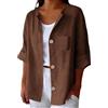 Generico Camicia Lino Donna Maniche Tre Quarti Girocollo Estiva Moda Camicie Elegante Blusa Casual con Bottoni e Tasca Camicetta da Spiaggia Classico Leggera Comoda Lavoro Viaggi Uso Quotidiano