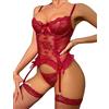Aranmei Set di Lingerie da Donna Body Sexy in Pizzo con Calze Giarrettiera in Pizzo Floreale Lingerie Intimo Outfit Teddy Babydoll con Coscia Alta (Rosso Vino,L)