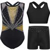 Freebily Body Ginnastica Artistica Bambina con Crop Top e Pantaloncini Body Danza Classica Senza Maniche Tuta da Pattinaggio Artistico Dancewear Performance Oro&Nero 7-8 anni