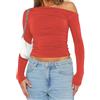 OOHOKAY Maglia a maniche lunghe da donna con spalle scoperte, classica, basic Tshirt Crop Tops Y2K Slim Fit Top Casual Shoulder Streetwear, Rosso-j., XL