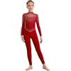 Agoky Tuta Intera da Pattinaggio Artistico Bambina Maniche Lunghe con Strass Body Danza Classica Balletto in Rete Trasparente Leotard da Ginnastica Yoga Jumpsuit B Borgogna 9-10 anni