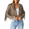 Generic Giacca da motociclista classica da donna, in finta pelle scamosciata, con frange e nappe, giacca da cowgirl western, a maniche lunghe, con risvolto corto, da motociclista, cappotto, cardigan,