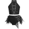 Mufeng Completo Danza Classica Moderna Bambina Halter Crop Top da Ballo Jazz Hip Hop Canotta con Paillettes + Piume Gonna Abito da Pattinaggio Artistico Nero A 7-8 Anni
