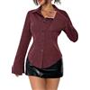 LYSINK Camicetta da donna a righe con bottoni, autunnale, a maniche lunghe, con volant, colletto con risvolto, vestibilità aderente, streetwear, A-a-bordeaux, S