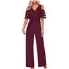 Saxrel Tuta da donna in rete a maniche corte tuta a gamba larga tuta da donna salopette con scollo a V tinta unita salopette estiva pagliaccetto sciolto casual outfit Activewear tuta Plus Size