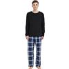 GLOBAL Pigiama Uomo Flanella Cotone Lungo Pigiami Pezzi Girocollo Invernale Abbigliamento da Notte Traspirante Confortevole e Caldo T-Shirt Nero, Pantaloni Griglia Blu Scuro M