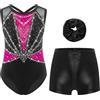 Riismen Bambina Glitter Tutù Pezzi Leotard Color Block Con Shorts E Fascia Per Capi Senza Maniche Costume Ginnastica Acrobatica Pattinaggio Artistico Body Danza Rosa shocking e nero 11-12 anni
