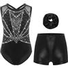 Riismen Bambina Glitter Tutù Pezzi Leotard Color Block Con Shorts E Fascia Per Capi Senza Maniche Costume Ginnastica Acrobatica Pattinaggio Artistico Body Danza Nero e argento 9-10 anni