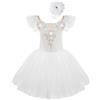 dPois Body da Ballo Balletto Bambina Ragazza Vestito da Pattinaggio Artistico + Copricapo Tutu di Principessa Abito da Ballo Latino Danza Classica Moderna Jazz Dancewear Bianco 3-4 Anni
