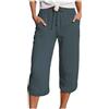 Generico Pantaloni in Lino 3/4 Donna Cotone Estivi Pantaloni a Tre Quarti Gamba Larga Leggeri Comodi Con Tasche Pantalone Cropped Spiaggia Estivi Elastico In Vita Pinocchietti Larghi Curvy Cotone Look Casual