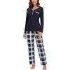 Yukiuiny Donna Pigiami Due Pezzi per Primavera Autunno: Maglia Collo V e Maniche Lunghe + Pantaloni a Quadri-Bottoni Collo V/Blu Marino/L