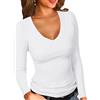 ELFIN Maglietta a Maniche Lunghe da Donna T-Shirt a Coste Slim Fit Camicia Basic Elegante con Scollo a V Magliette a Costine Bianco S