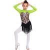 Linyuir Bambina Abito Latino con Gettone Gonna Maniche Lunghe Stampa Leopardo Leotard Patchwork in Maglia Body Danza Abito Pattinaggio Artistico Abiti Ballo Swing Verde Fluorescente 13-14 Anni