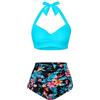 Holipick Bikini da Donna a Vita Alta, Costume da Bagno a Due Pezzi con Controllo della Pancia, Costume da Bagno Vintage con Scollo all'Americana, Blu con Floreale, M