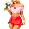 EVELIFE Biancheria intima sexy da donna, set babydoll, biancheria intima in pizzo off-spalla, crop top pieghevole, mini gonna romantica da donna, Colore: rosso, XL