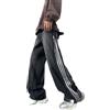 Generic Jeans Neri a Righe Pantaloni Primaverili a Tre Strisce da Uomo Pantaloni Dritti Larghi drappeggiati-Nero-M